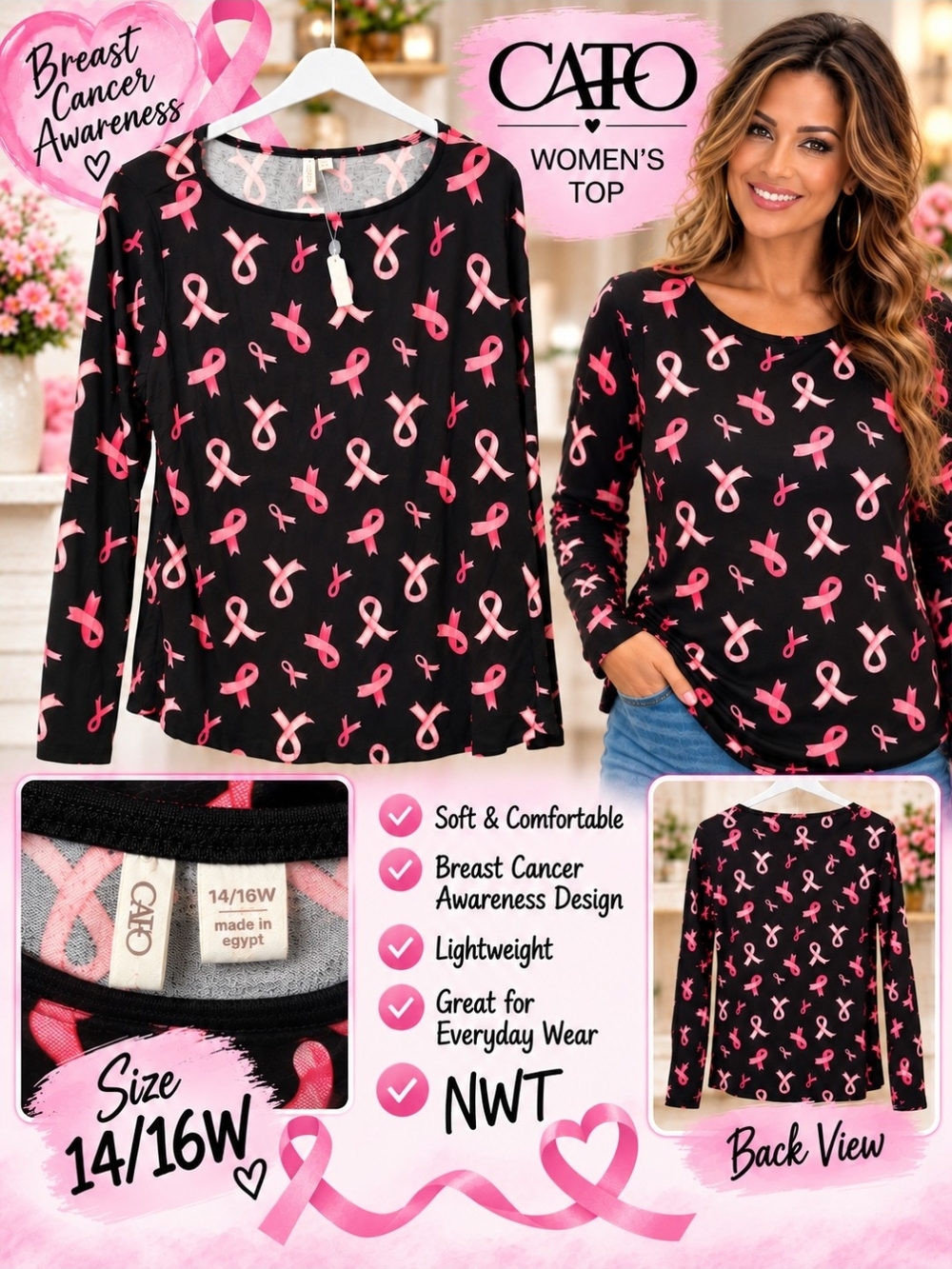 Cato Women's Black Long-Sleeve Top with Pink Ribbon Print
